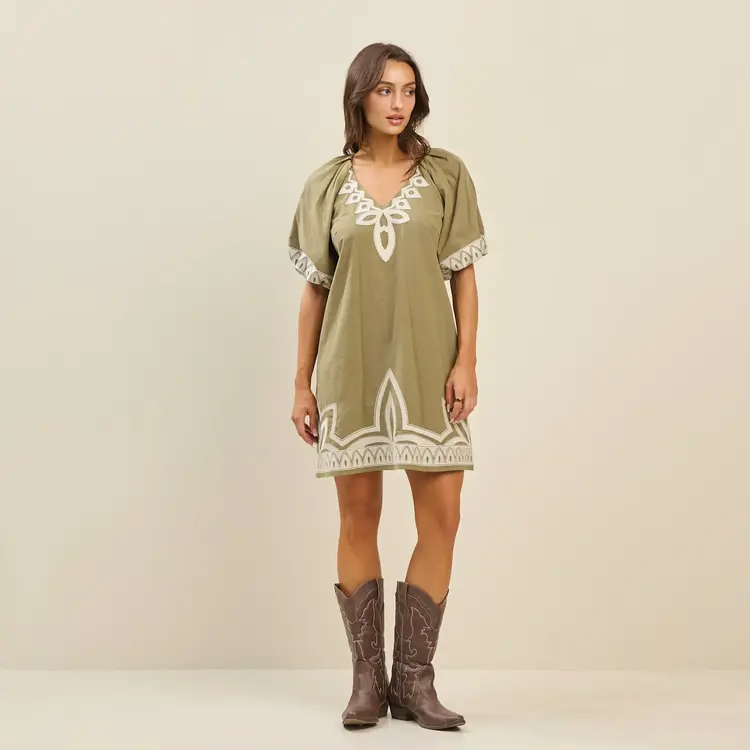 Able Embroidered Mini Dress Olive