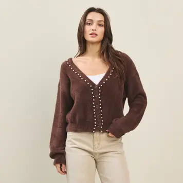 Faux Pearl Fuzzy Cardigan