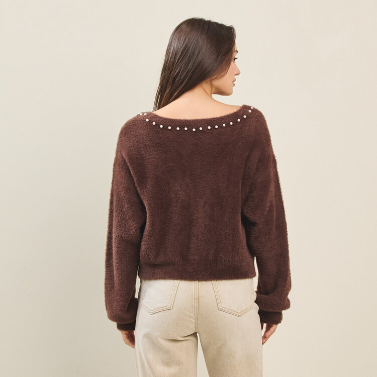 Faux Pearl Fuzzy Cardigan