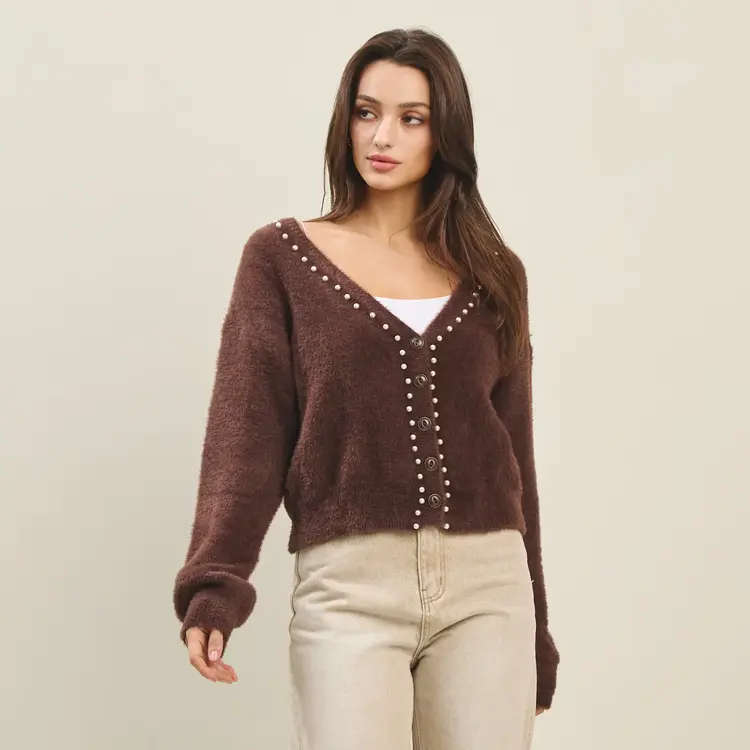 Faux Pearl Fuzzy Cardigan