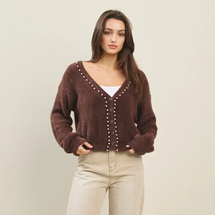 Faux Pearl Fuzzy Cardigan