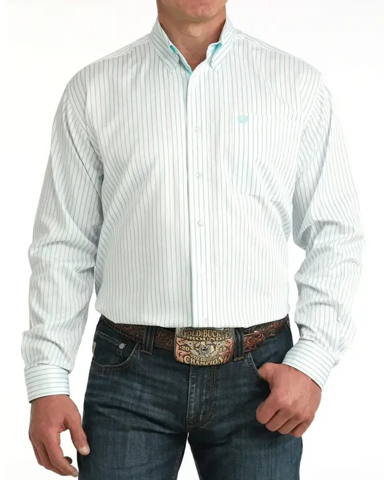 Cinch White Button Down Blue Brown Stripe