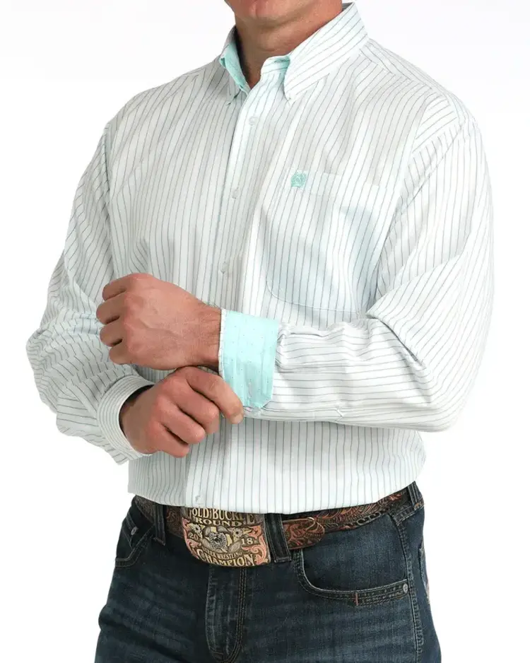 Cinch White Button Down Blue Brown Stripe