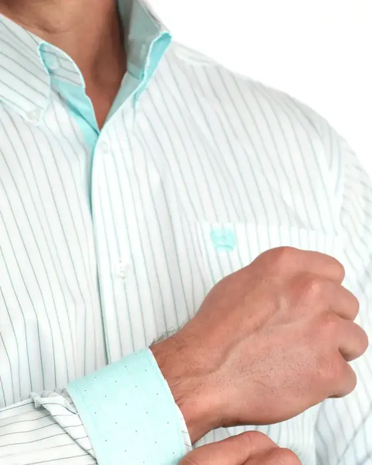 Cinch White Button Down Blue Brown Stripe