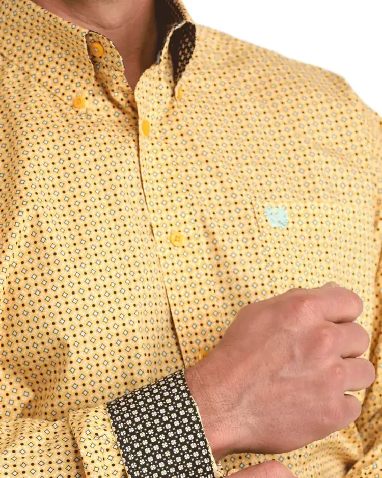 Cinch Golden Yellow Button Down Blue Print