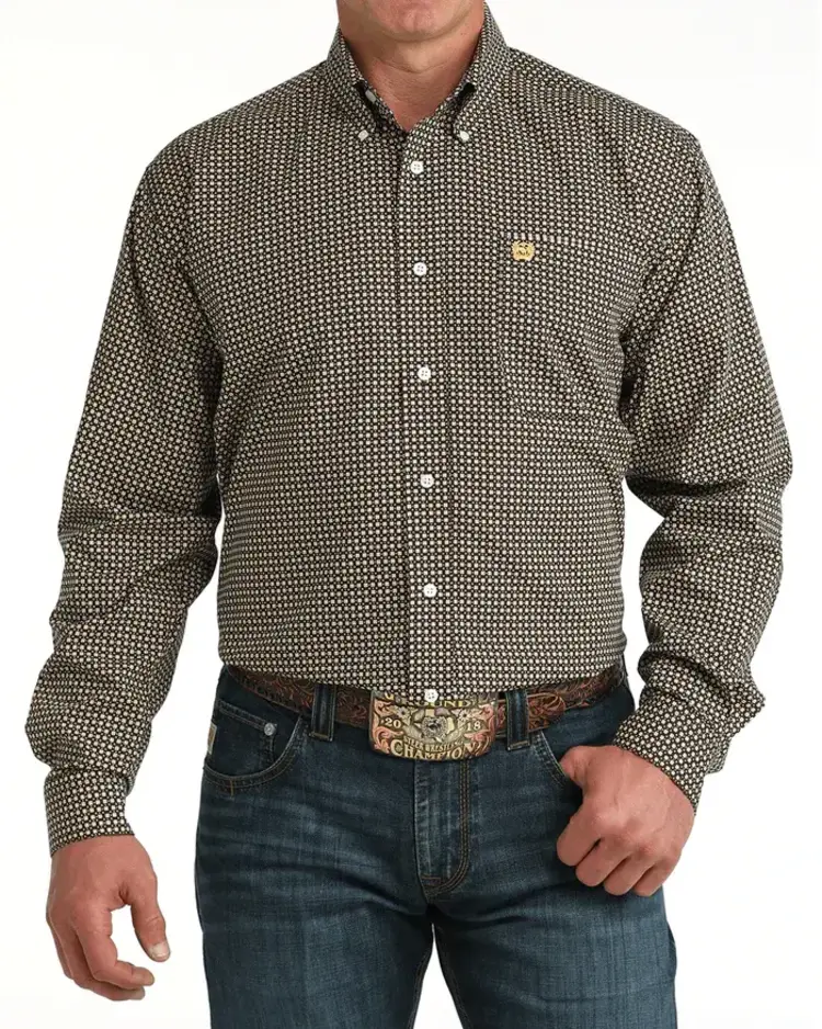 Cinch Brown Button Down Yellow Pattern