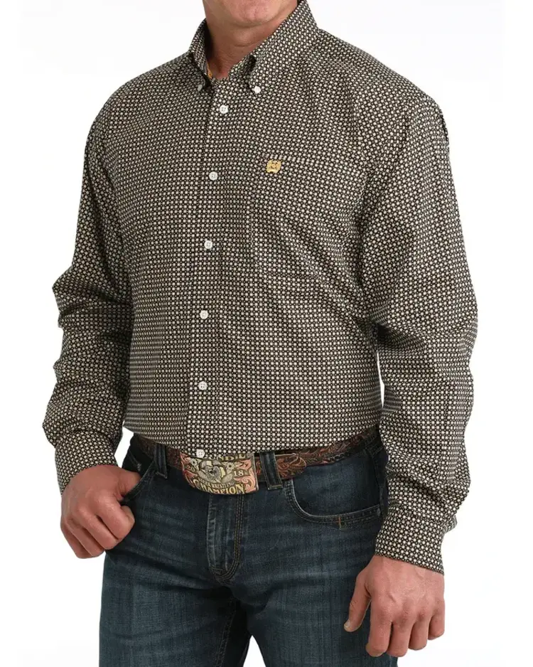 Cinch Brown Button Down Yellow Pattern