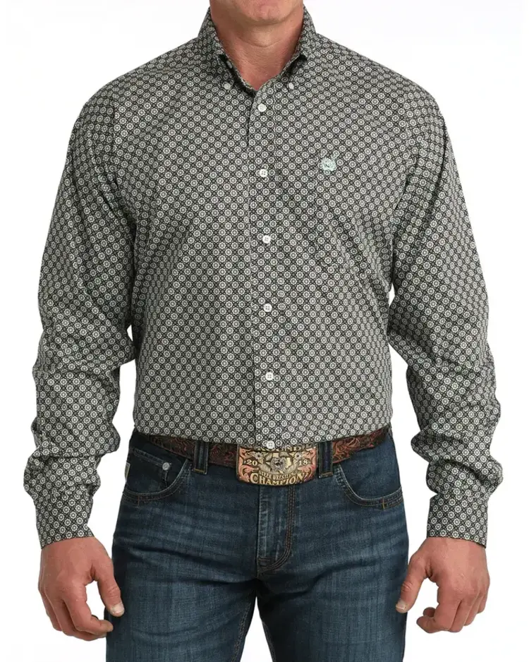 Cinch Brown Button Down Blue Pattern