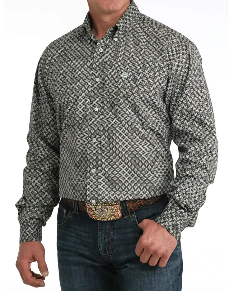 Cinch Brown Button Down Blue Pattern