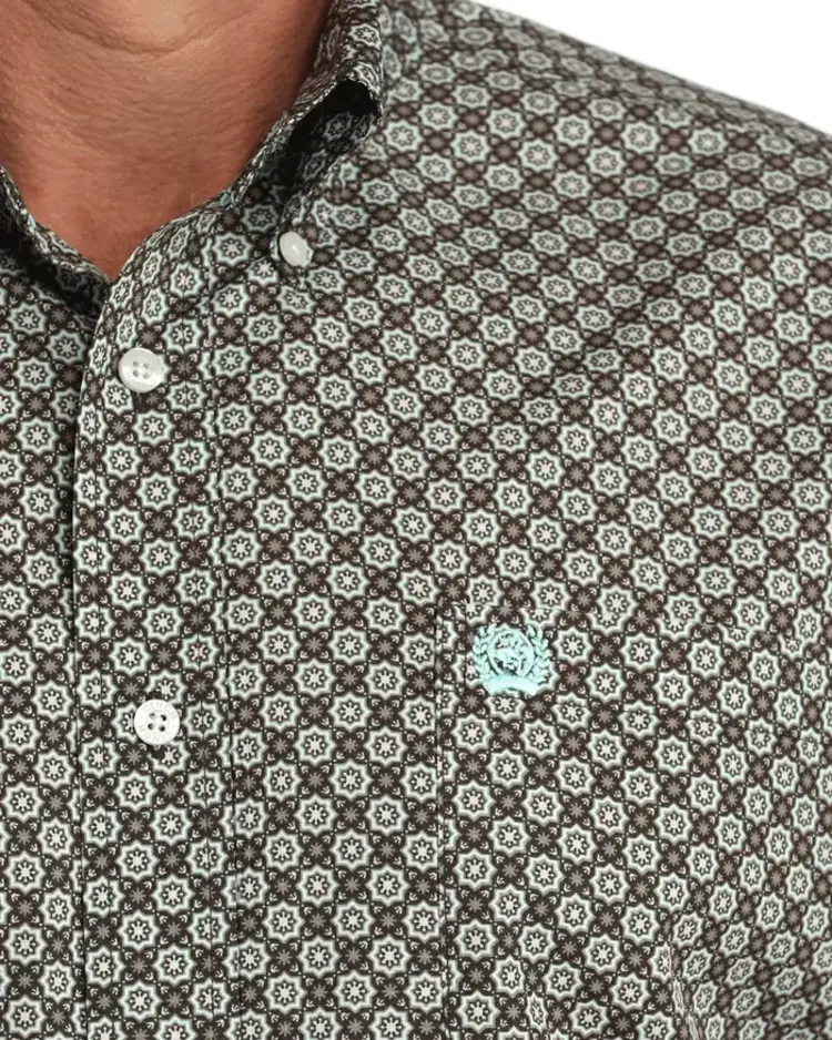Cinch Brown Button Down Blue Pattern