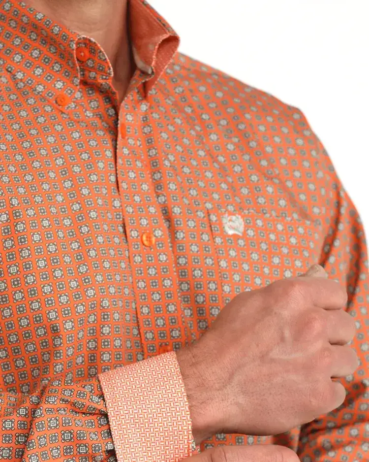 Cinch Geometric Print Button Down Orange