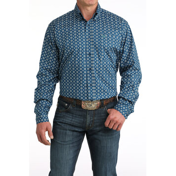 Cinch Button Down Stretch Print Blue