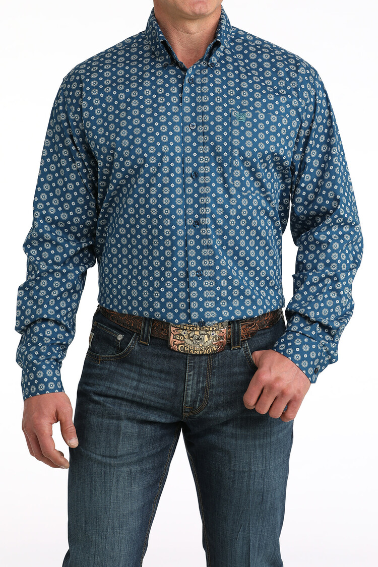 Cinch Button Down Stretch Print Blue