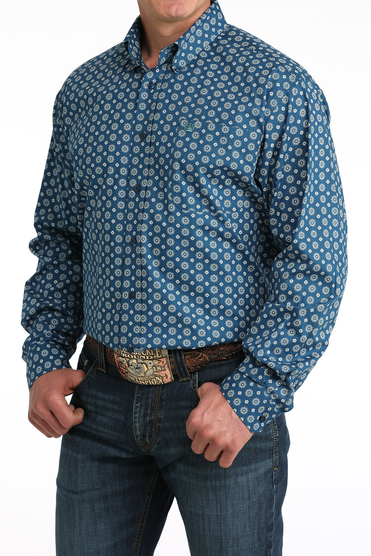 Cinch Button Down Stretch Print Blue