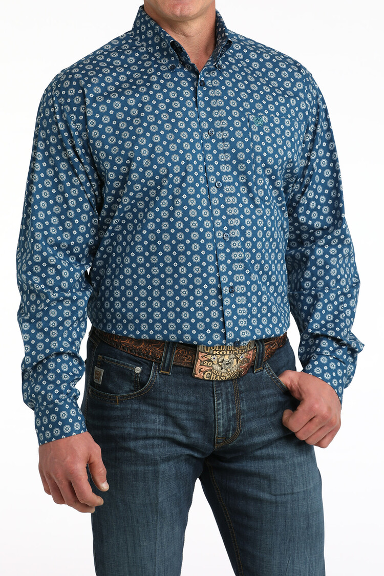 Cinch Button Down Stretch Print Blue