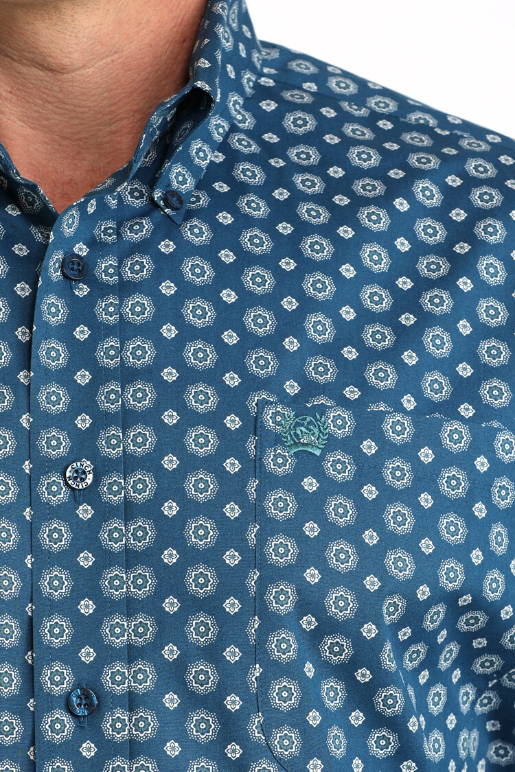 Cinch Button Down Stretch Print Blue