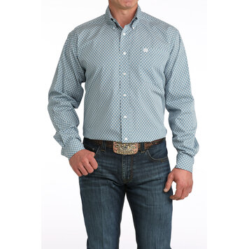 Cinch Button Down Geometric Blue White