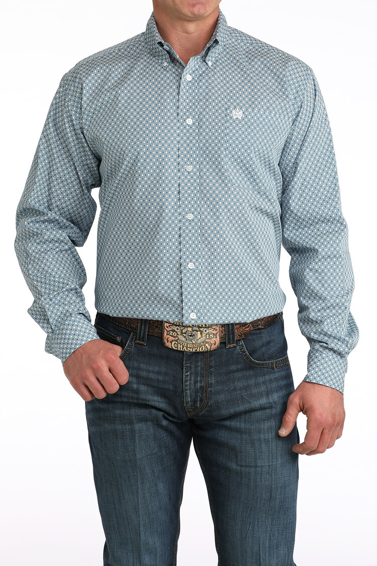 Cinch Button Down Geometric Blue White