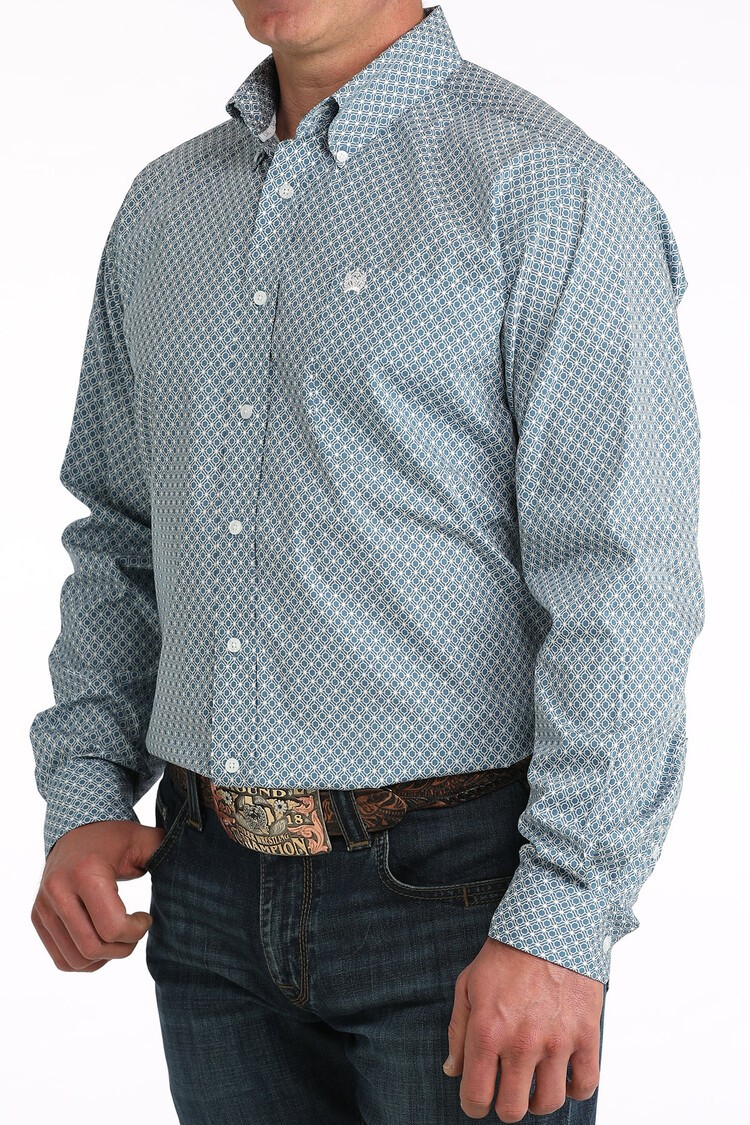 Cinch Button Down Geometric Blue White