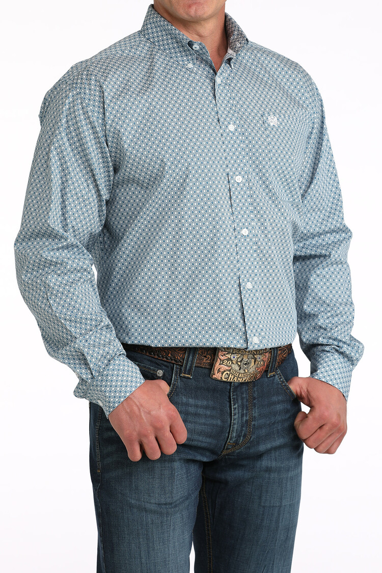 Cinch Button Down Geometric Blue White
