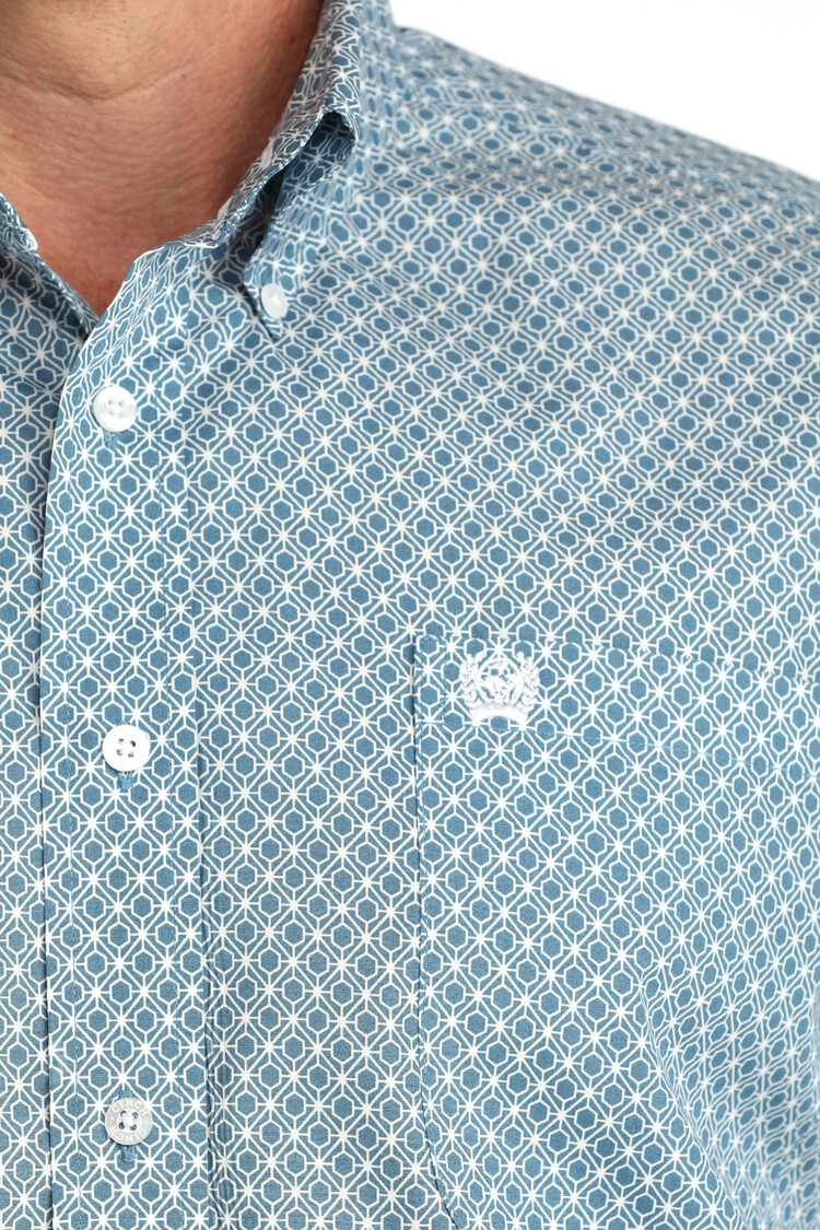 Cinch Button Down Geometric Blue White