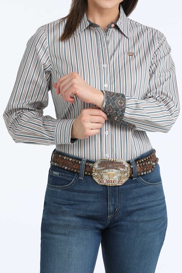 Cinch Button Down White Blue