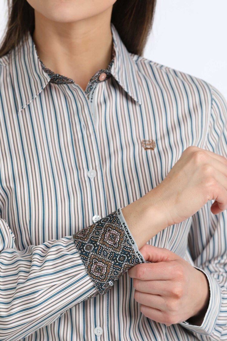 Cinch Button Down White Blue