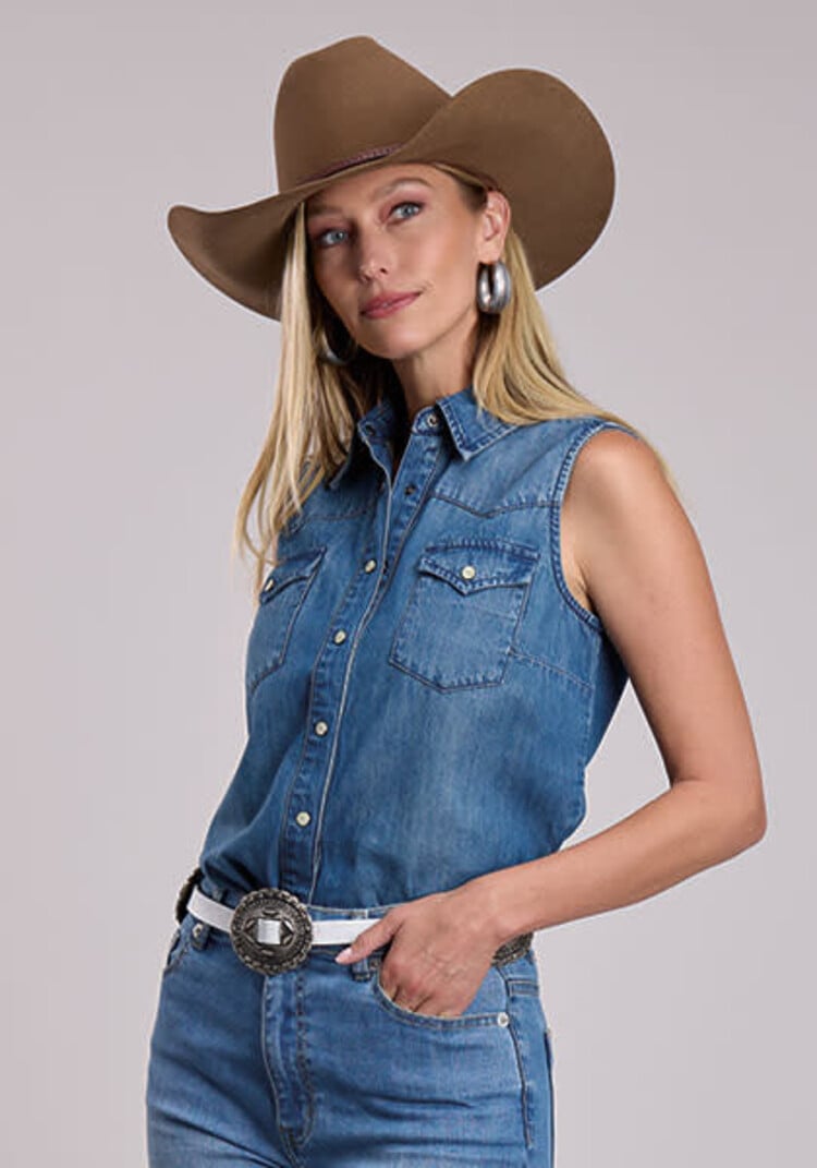 Stetson Denim Sleeveless Snap Embroidered Back