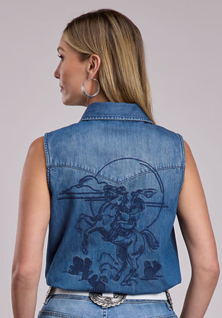 Stetson Denim Sleeveless Snap Embroidered Back