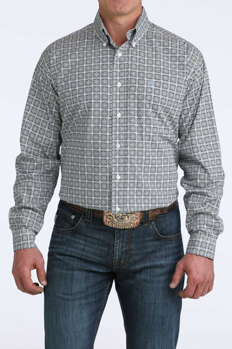 Cinch White Blue Yellow Geometric Button Down