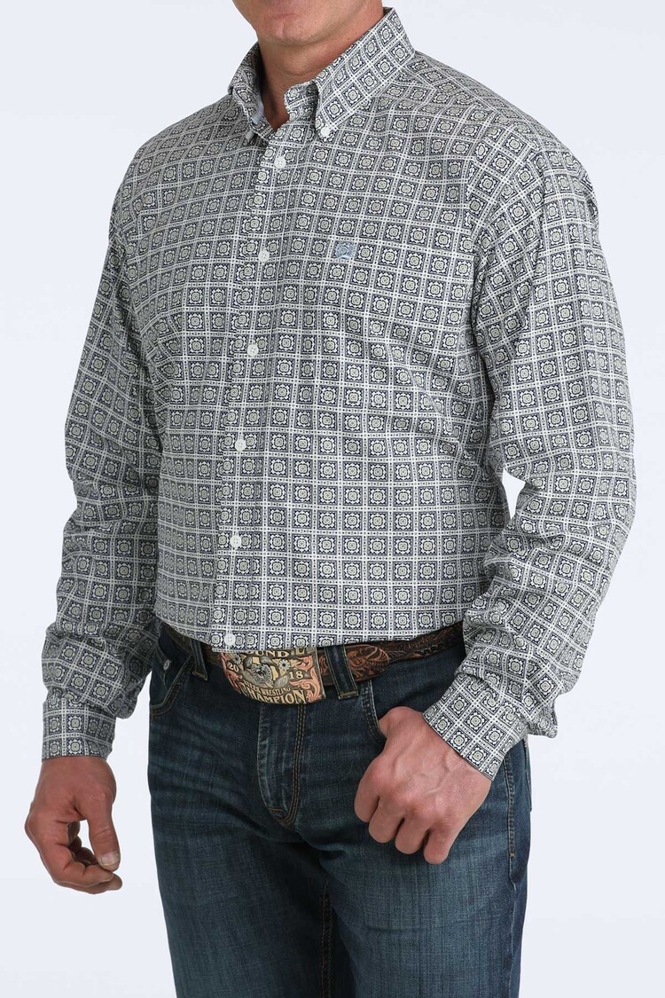 Cinch White Blue Yellow Geometric Button Down