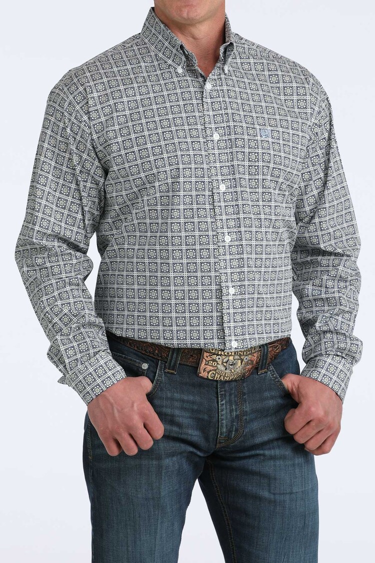 Cinch White Blue Yellow Geometric Button Down