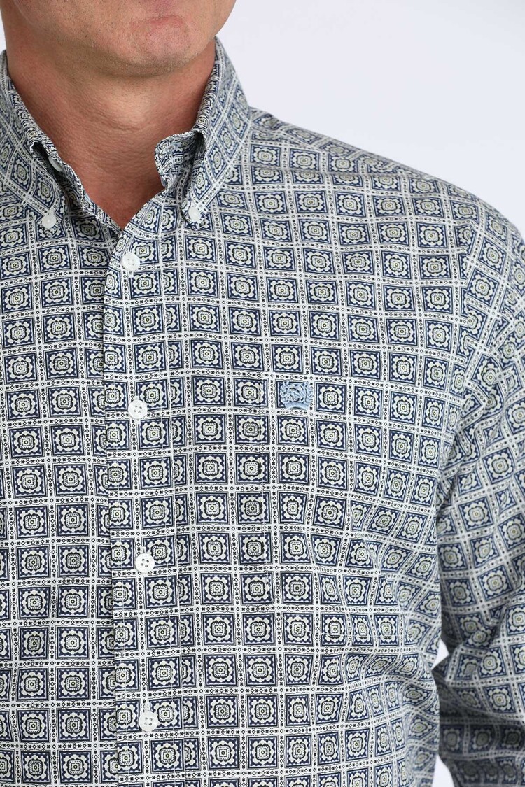 Cinch White Blue Yellow Geometric Button Down