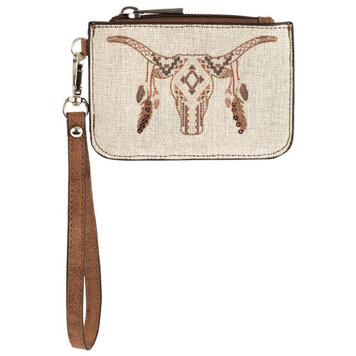 Catchfly Mini Card Wallet Canvas Cow Skull Feathers