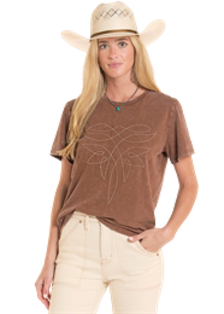 Rock & Roll Denim Boot Stitch Tee Mahogany