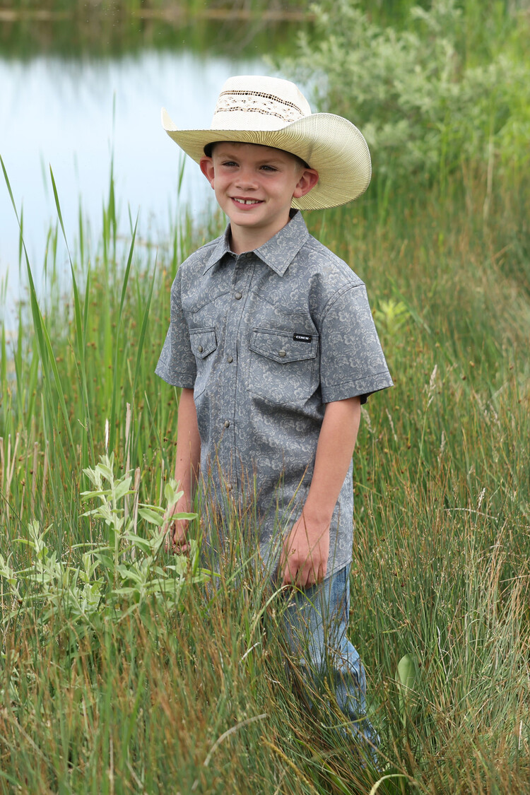 Cinch Youth Snap Navy Tan Camp Shirt