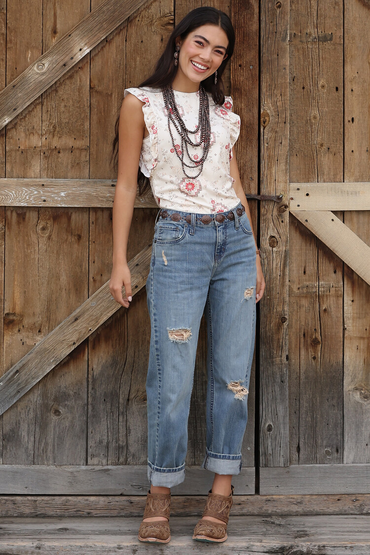 Cruel Denim Floral Ribbed Tank Cream