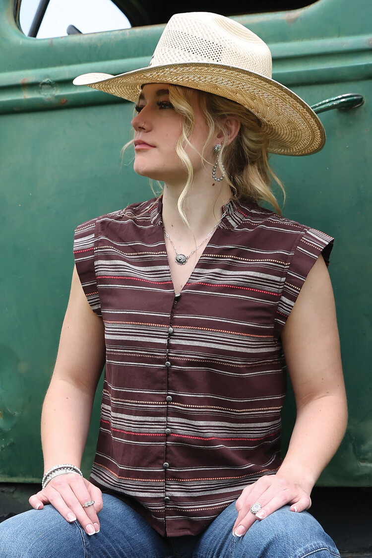 Cruel Denim Striped Button Down Blouse Brown