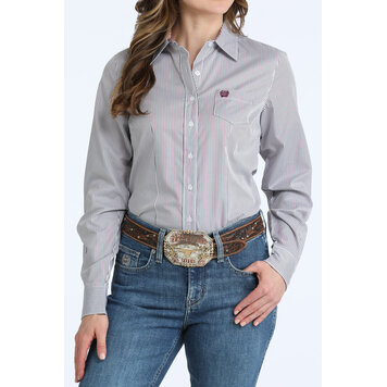 Cinch Tencel Button Down White Green Burgundy Pinstripe