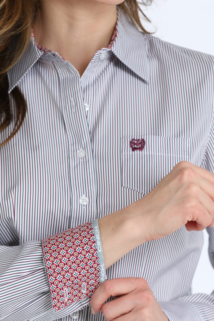 Cinch Tencel Button Down White Green Burgundy Pinstripe