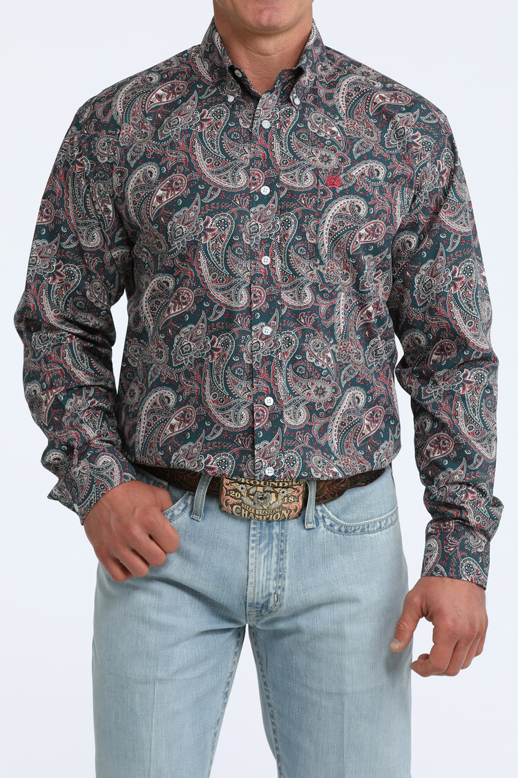 Cinch Paisley Button Down Teal Red