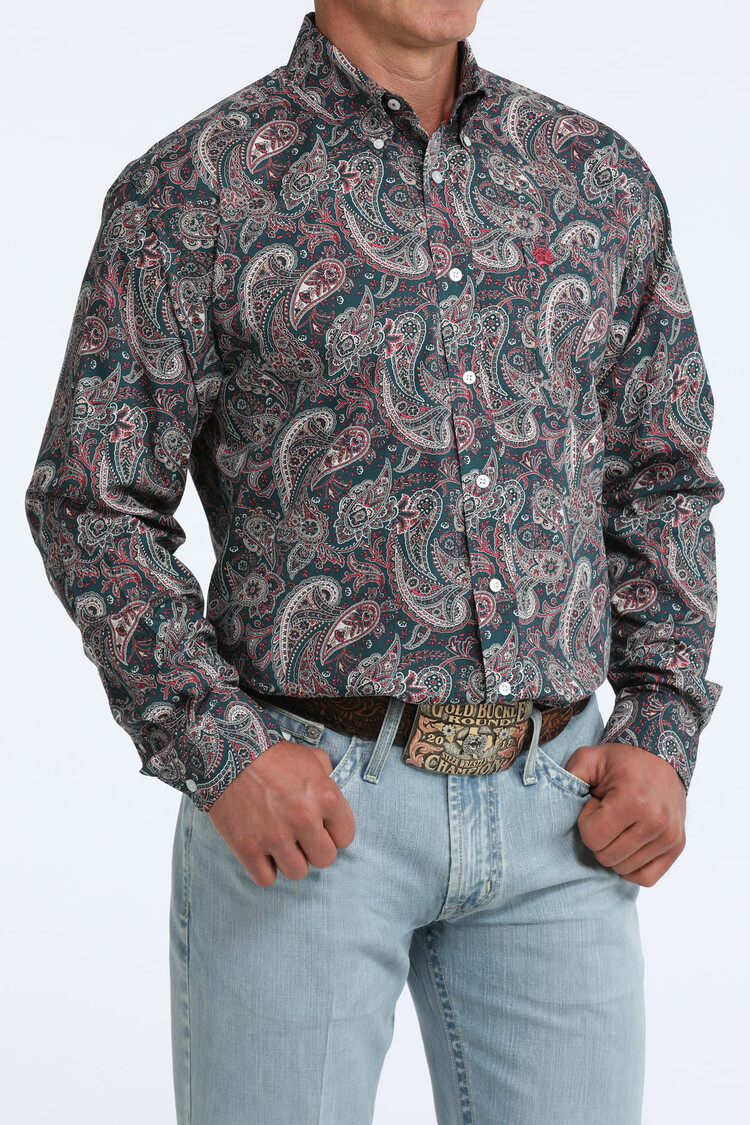 Cinch Paisley Button Down Teal Red