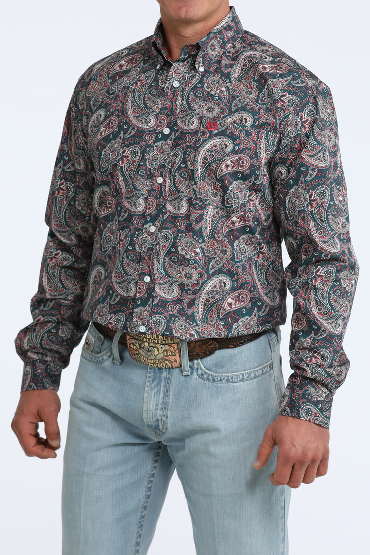 Cinch Paisley Button Down Teal Red