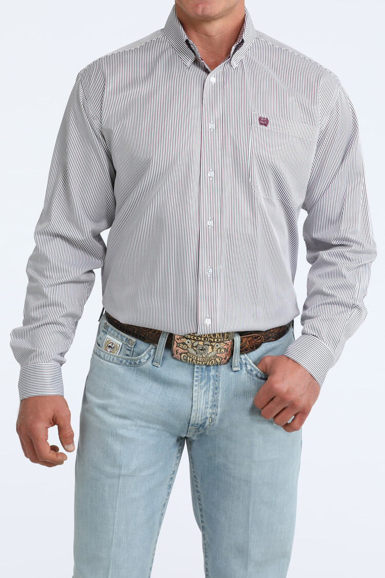 Cinch Tencel Button Down White Green Burgundy Pinstripe