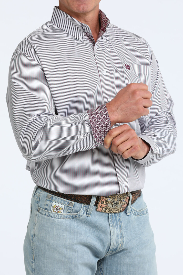 Cinch Tencel Button Down White Green Burgundy Pinstripe