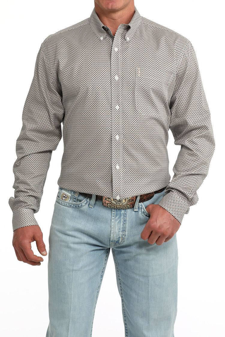 Cinch Button Down Peach Teal Rectangles