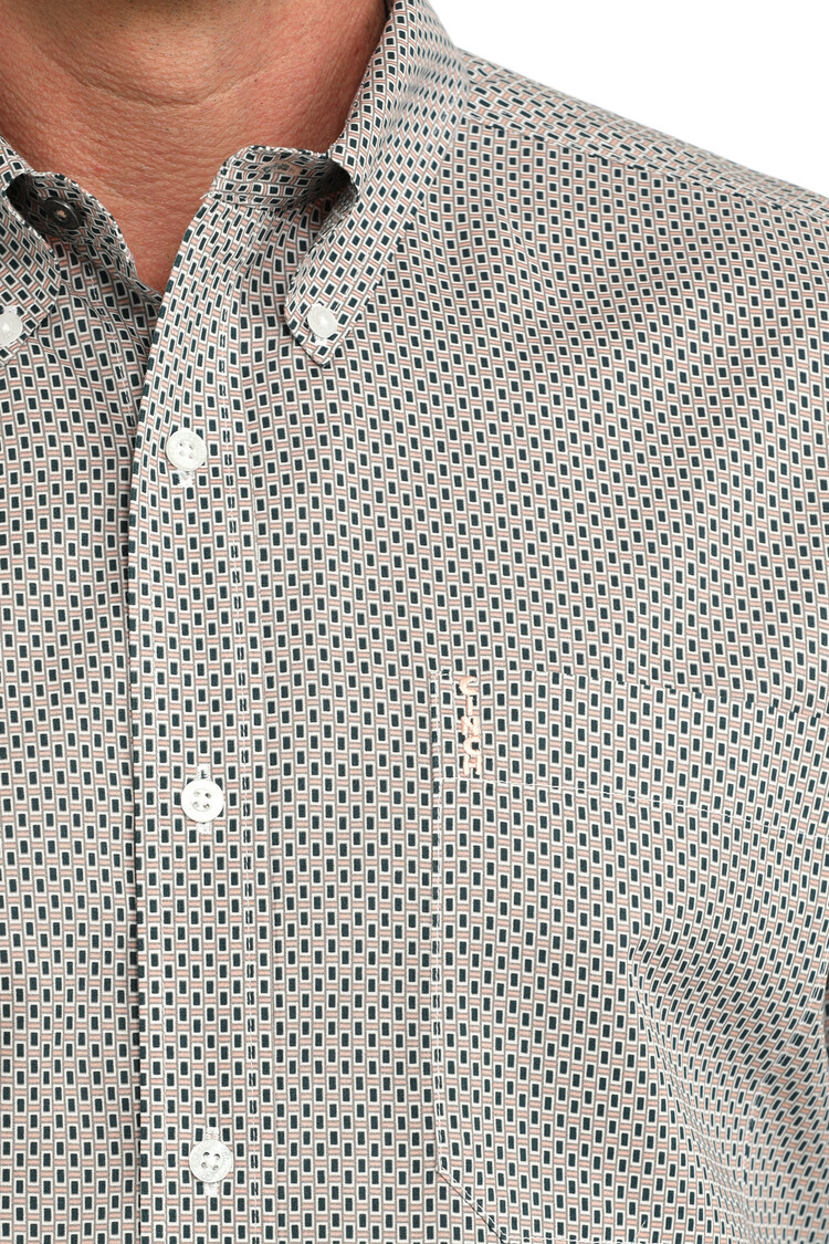 Cinch Button Down Peach Teal Rectangles