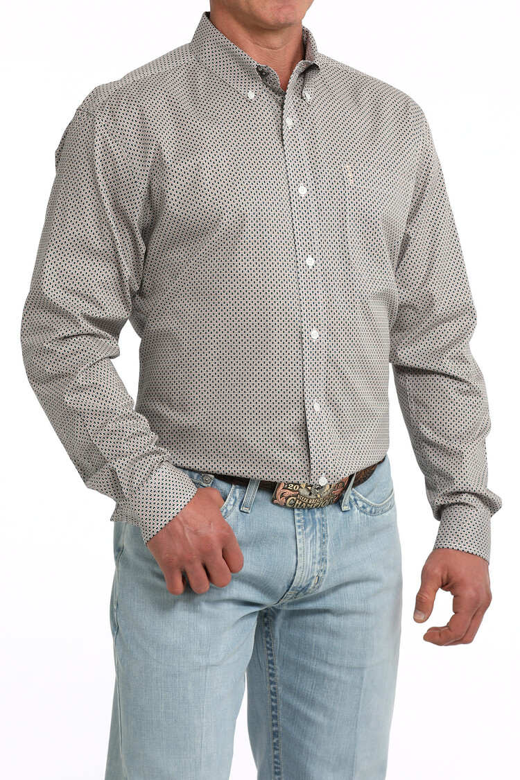 Cinch Button Down Peach Teal Rectangles