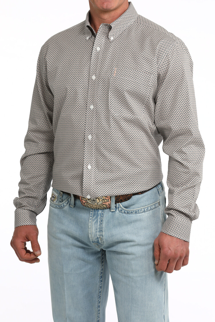 Cinch Button Down Peach Teal Rectangles