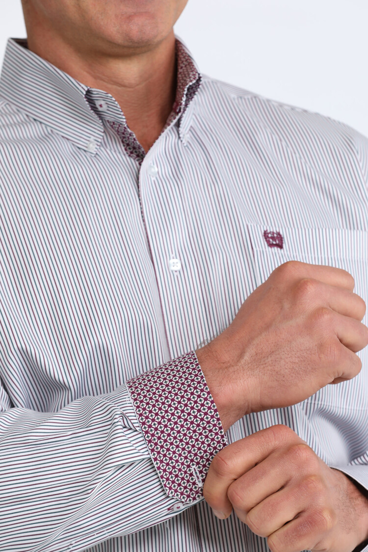 Cinch Tencel Button Down White Green Burgundy Pinstripe
